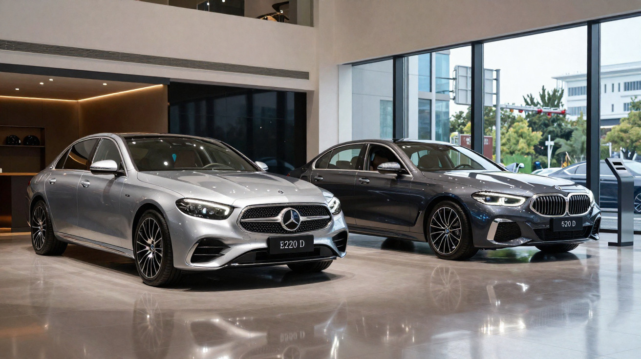 Dois carros sedan de luxo estacionados em showroom, um Mercedes E220 D prateado à esquerda e um BMW 520 D cinza à direita.