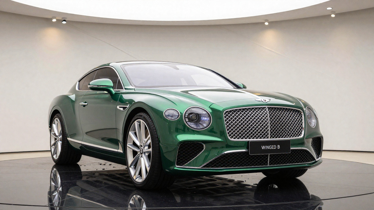 Carro esportivo verde metálico Bentley Winged B estacionado em plataforma rotativa interna.