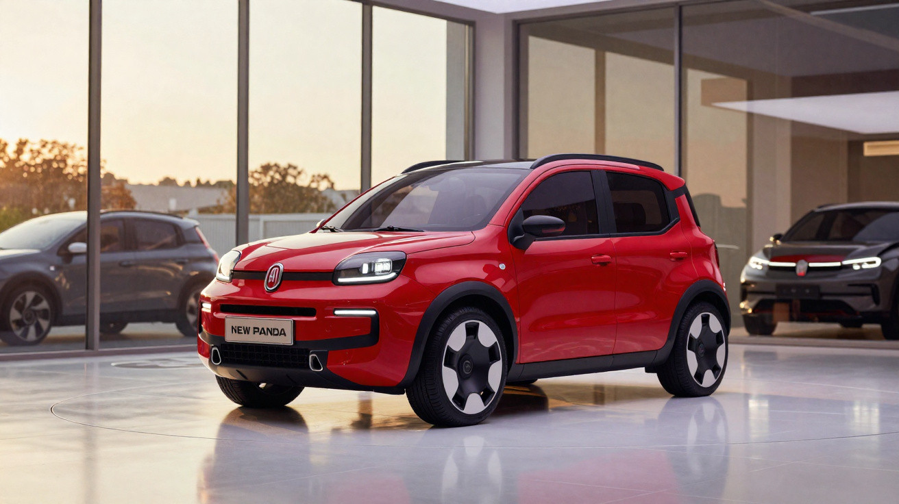 Carro Fiat New Panda vermelho estacionado em ambiente interno moderno com grandes janelas de vidro.