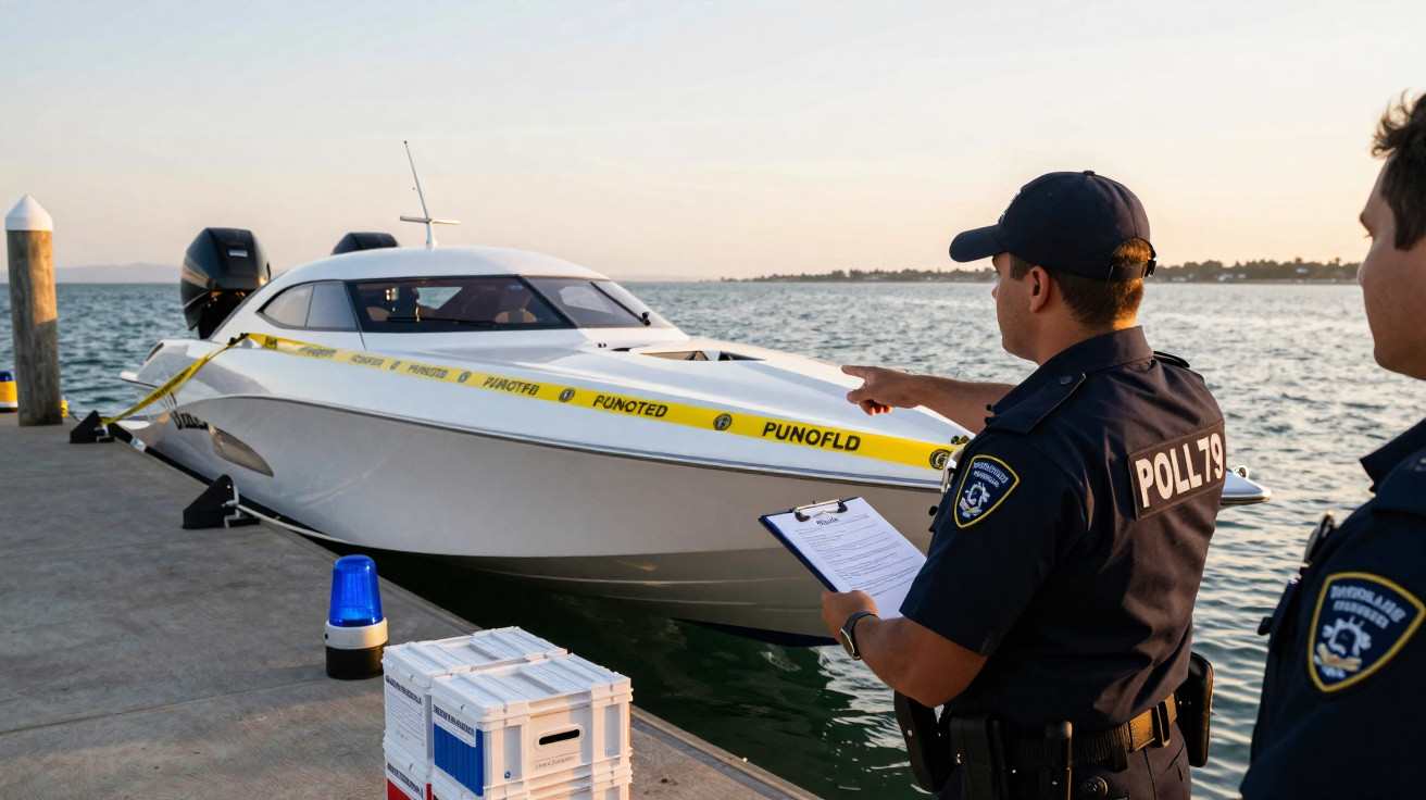Dois policiais inspecionam um barco branco preso ao píer com fita amarela de perímetro.
