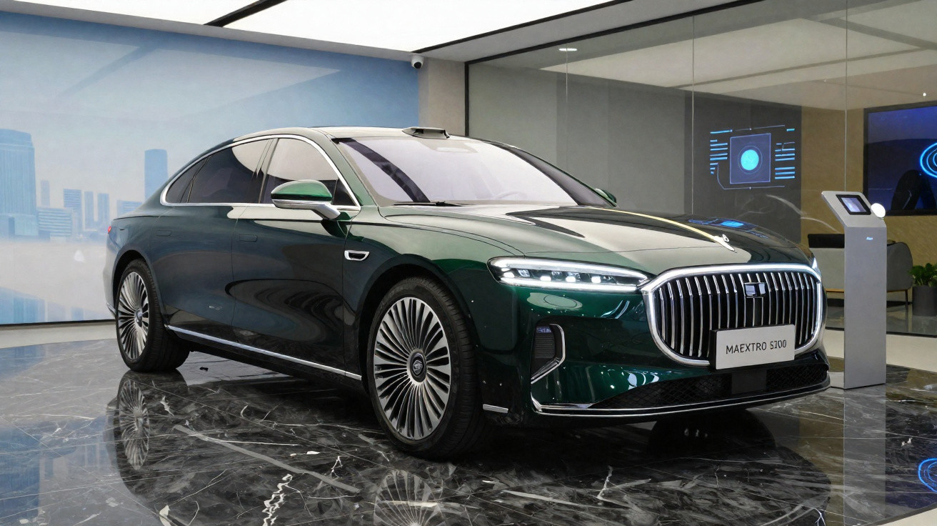 Carro sedan verde escuro elétrico Maextro S700 exibido em salão moderno com piso espelhado.