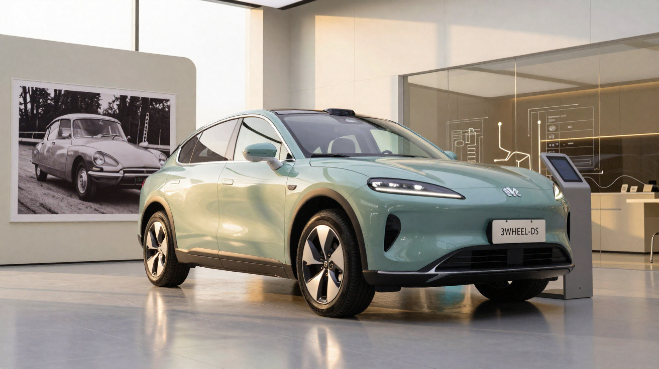 Carro elétrico verde em exposição moderna com foto em preto e branco de carro clássico ao fundo.