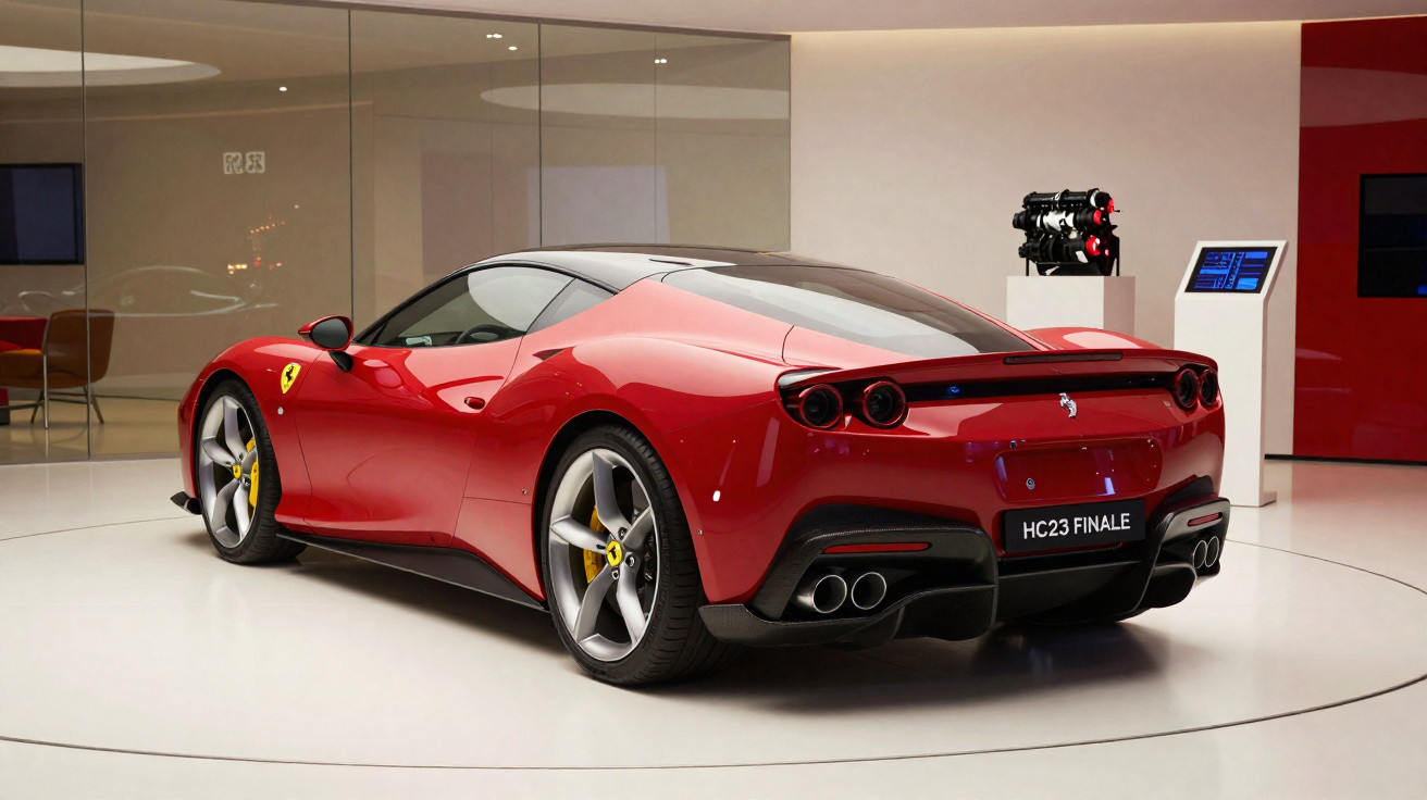 Carro esportivo Ferrari vermelha exibido em sala de exposição moderna com piso branco e iluminação suave.