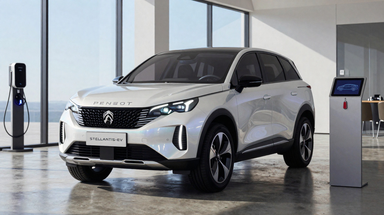 SUV elétrico branco da Peugeot estacionado em ambiente interno moderno com carregador elétrico ao lado.