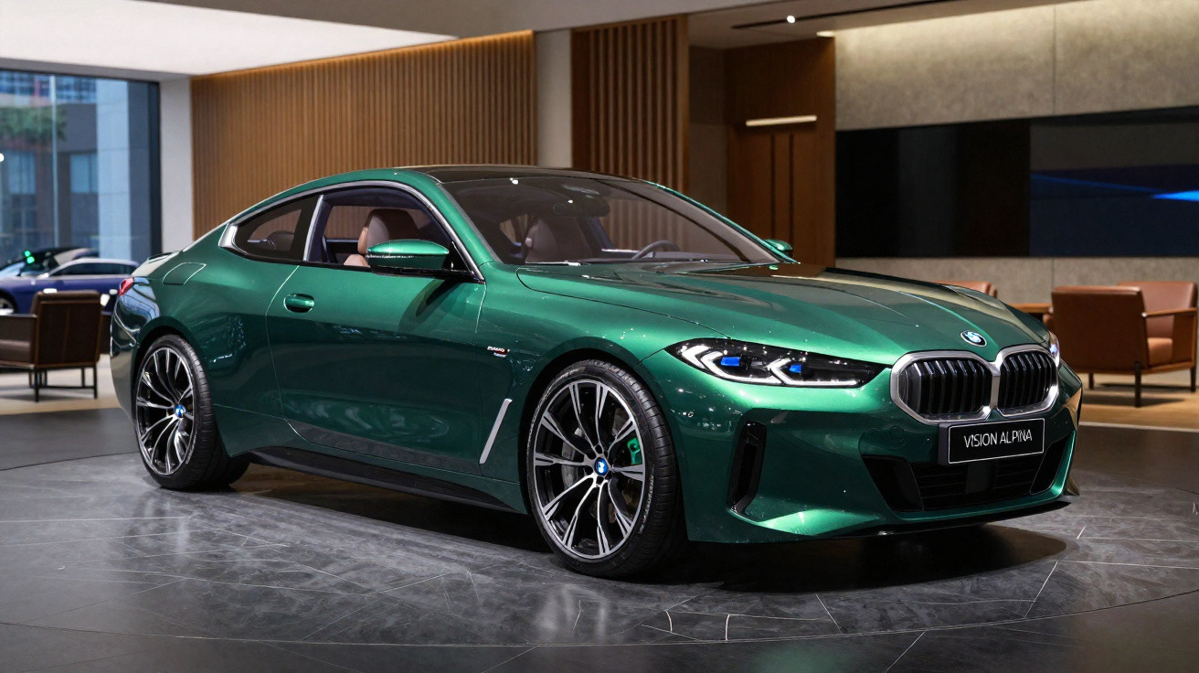 Carro esportivo BMW verde metálico exibido em ambiente interno moderno, com rodas pretas e detalhes cromados.
