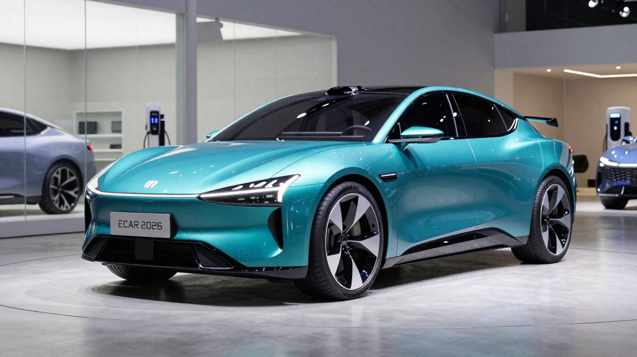 Carro elétrico esportivo azul turquesa futurista exposto em ambiente interno moderno com espelhos e luzes.