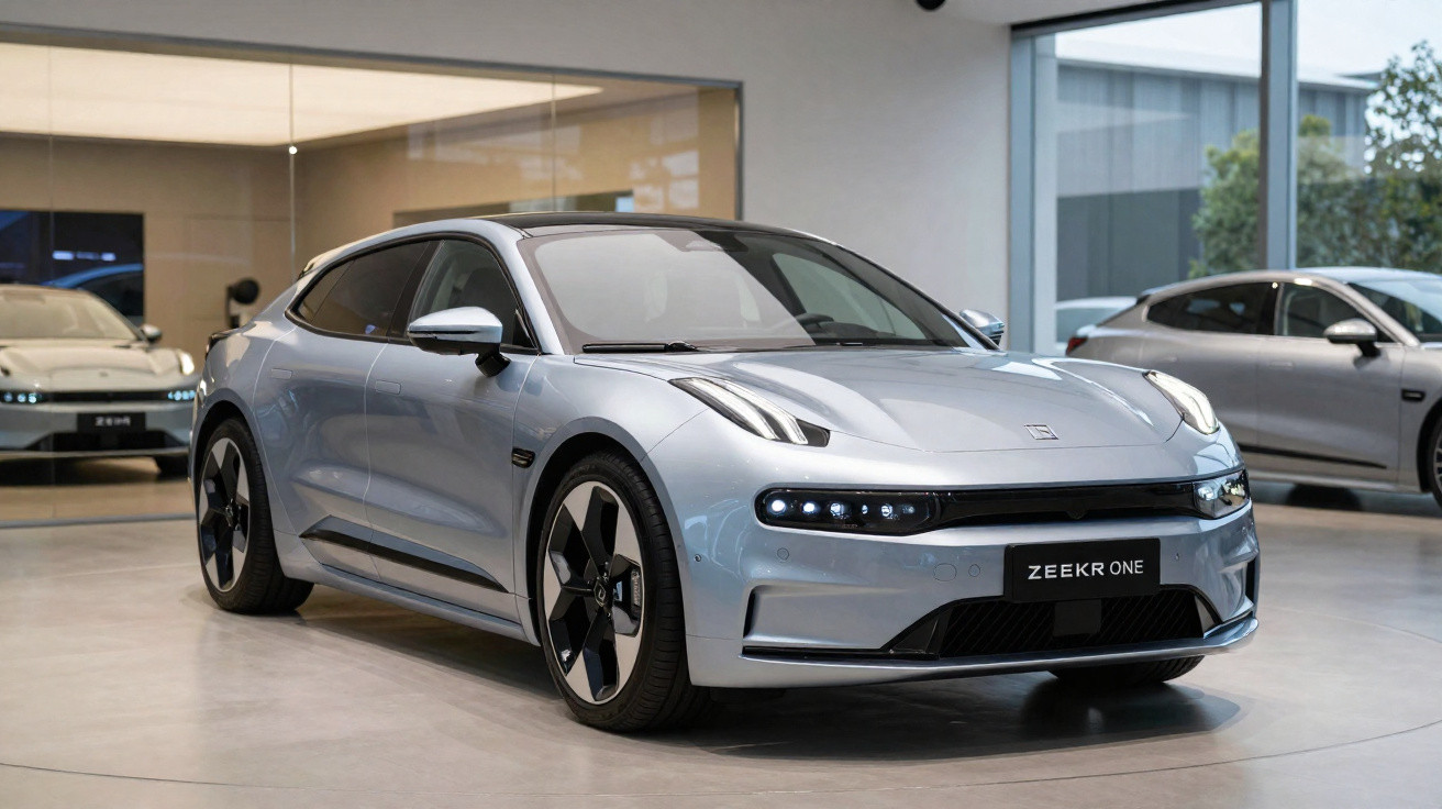 Carro elétrico Zeekr One cinza prata em exposição dentro de showroom moderno.