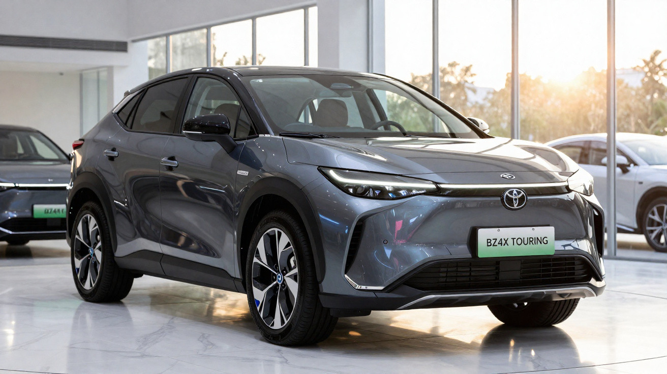 Carro elétrico Toyota BZ4X Touring cinza em exposição dentro de showroom moderno e iluminado.