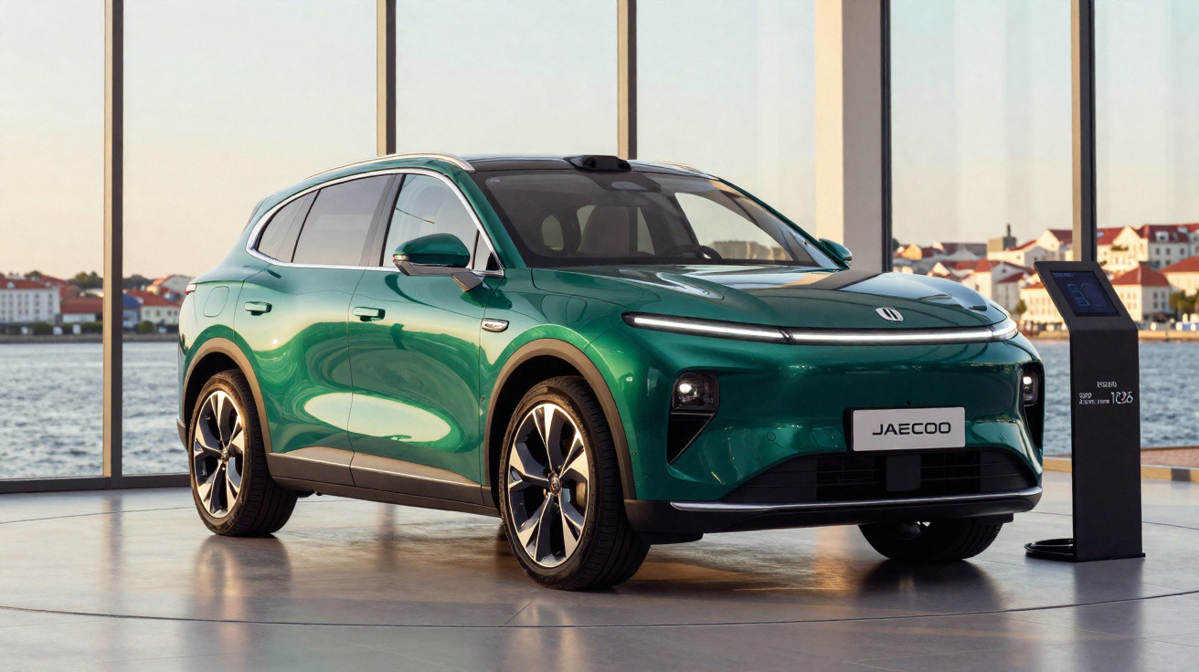 SUV elétrico verde JAECOO estacionado em ambiente interno com grande janela e vista para área urbana.