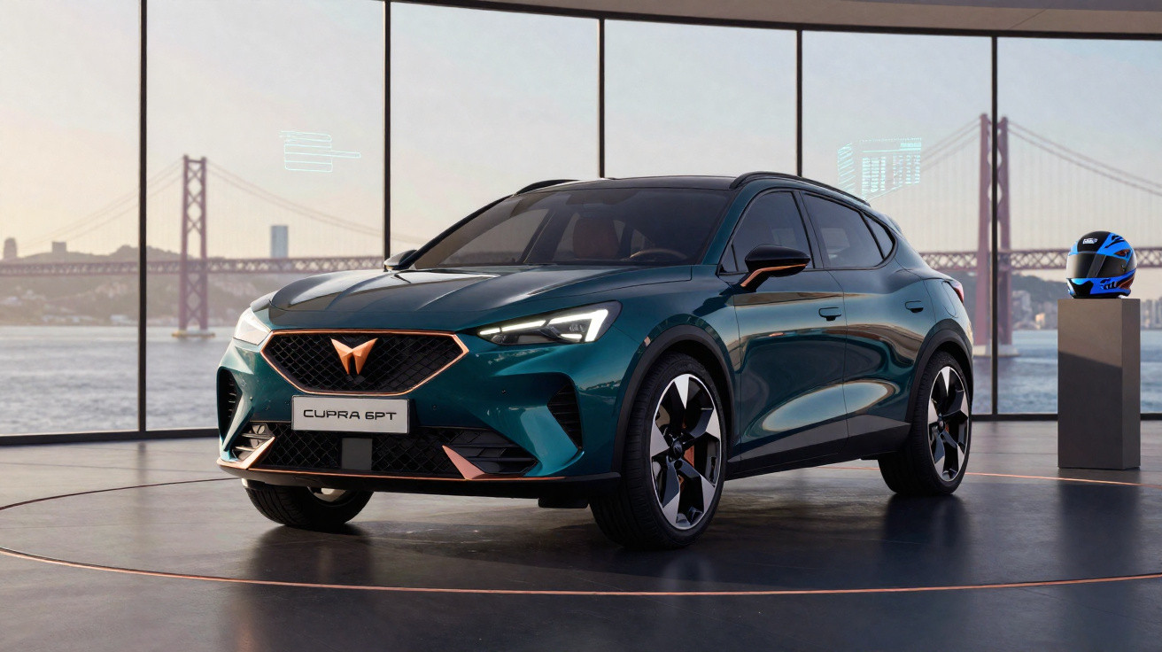 Carro elétrico Cupra 6PT verde em exposição com fundo de ponte e capacete azul.