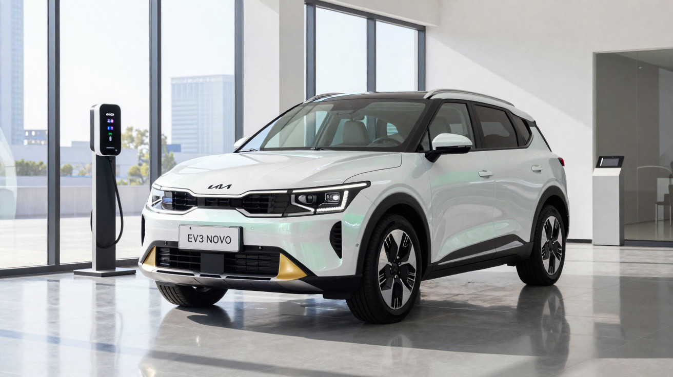 Carro elétrico branco Kia EV3 Novo estacionado em ambiente interno com estação de recarga ao lado.