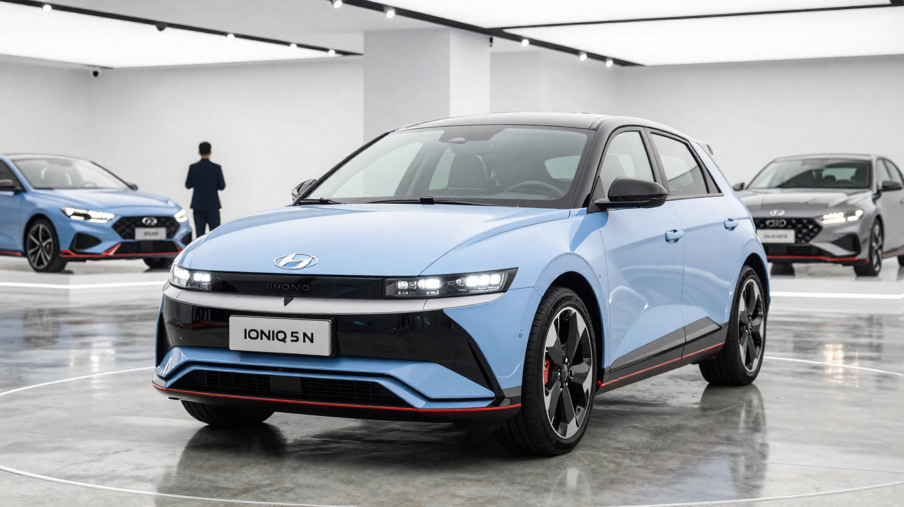 Carro elétrico Hyundai Ioniq 5 N azul exibido em showroom com piso refletivo.
