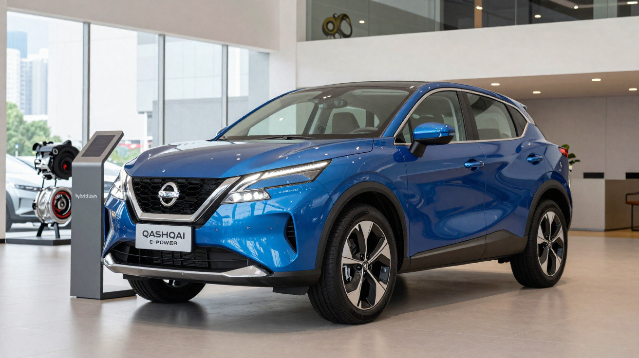 SUV azul Nissan Qashqai E-Power exibido em showroom moderno com peças de motor ao fundo.