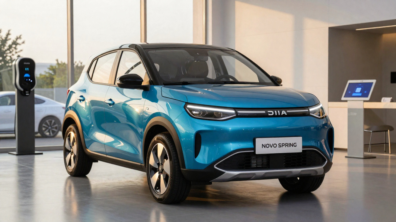 Carro elétrico azul Novo Spring em showroom moderno com estação de carregamento ao fundo.