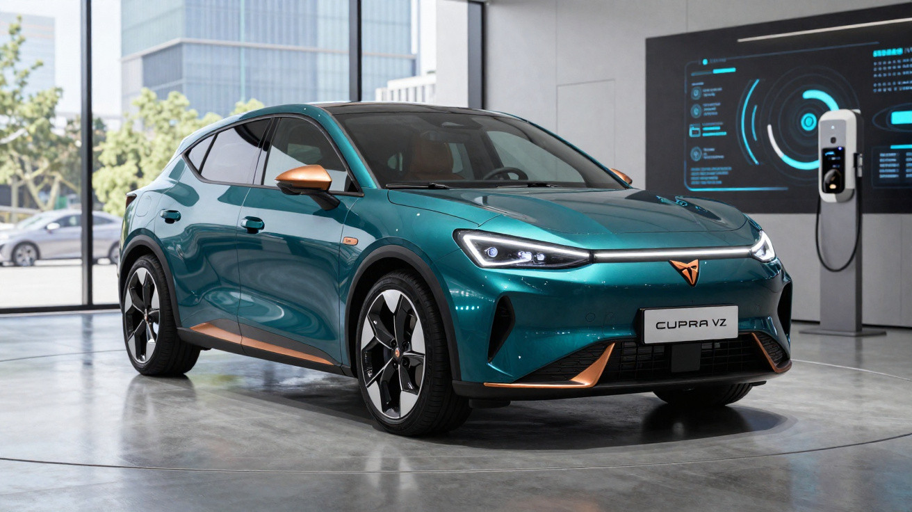 Carro elétrico Cupra VZ verde com detalhes em cobre exposto em showroom moderno com carregador ao fundo.