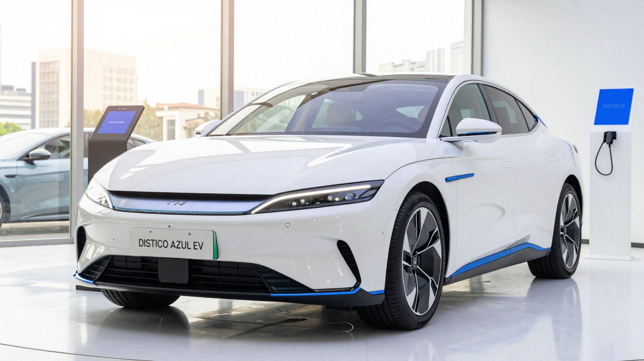 Carro elétrico branco modelo Distico Azul EV em exposição em ambiente interno moderno.