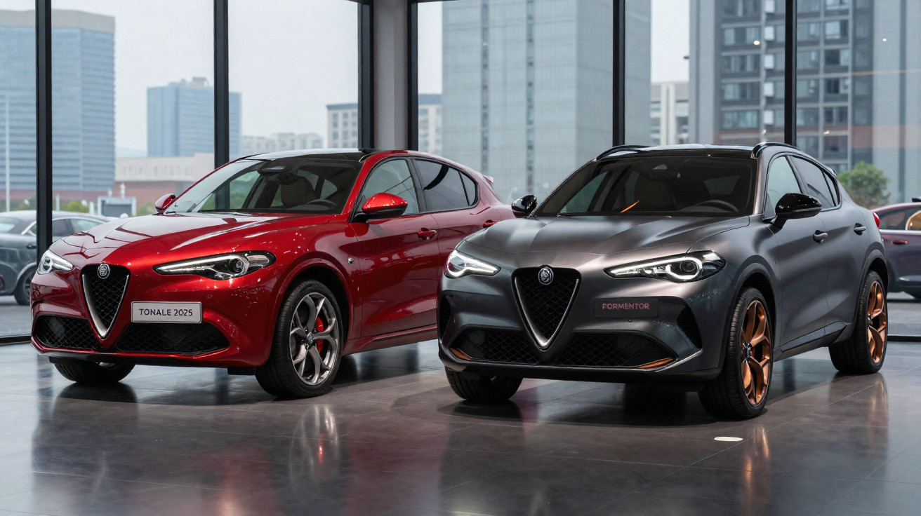 Dois carros Alfa Romeo Tonale 2025, vermelhos e cinza, expostos em showroom com prédios ao fundo.