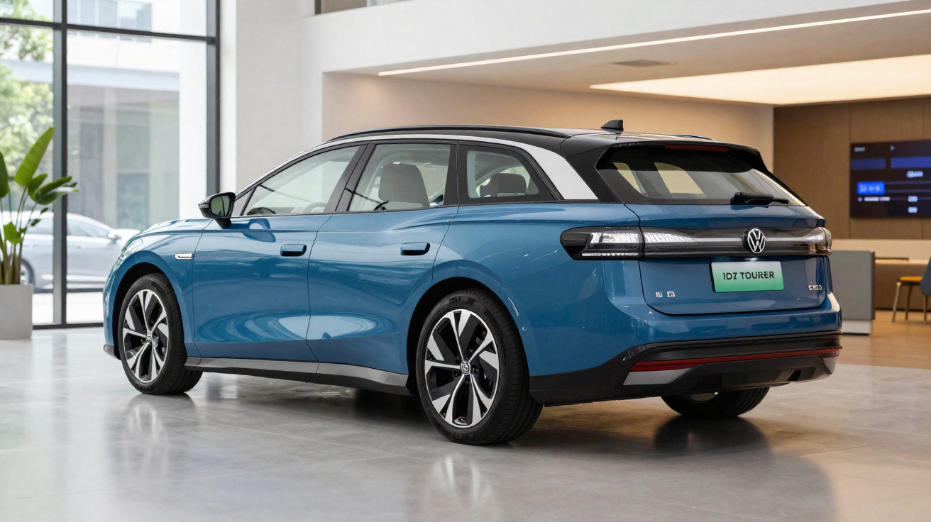 Carro elétrico Volkswagen ID.7 Tourer azul em ambiente interno moderno.