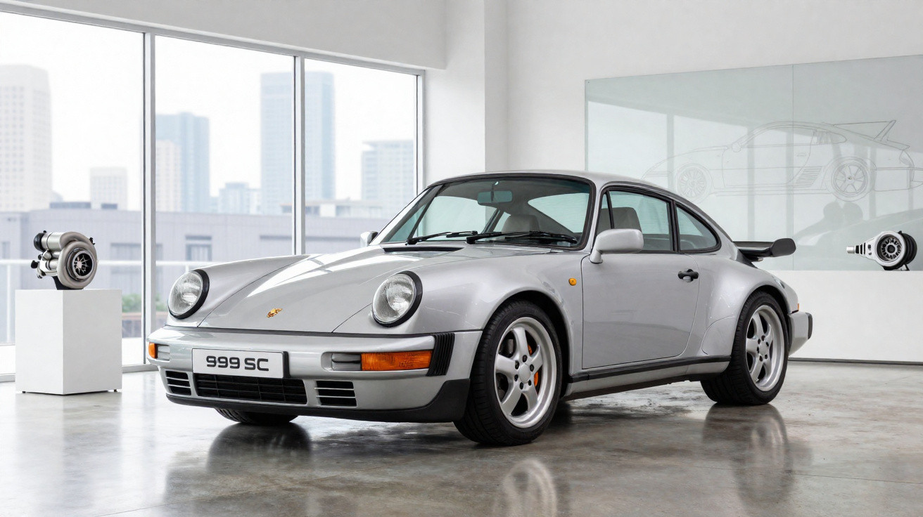 Carro esportivo prata Porsche 911 999 SC em exposição moderna com motor turbo em pedestais.