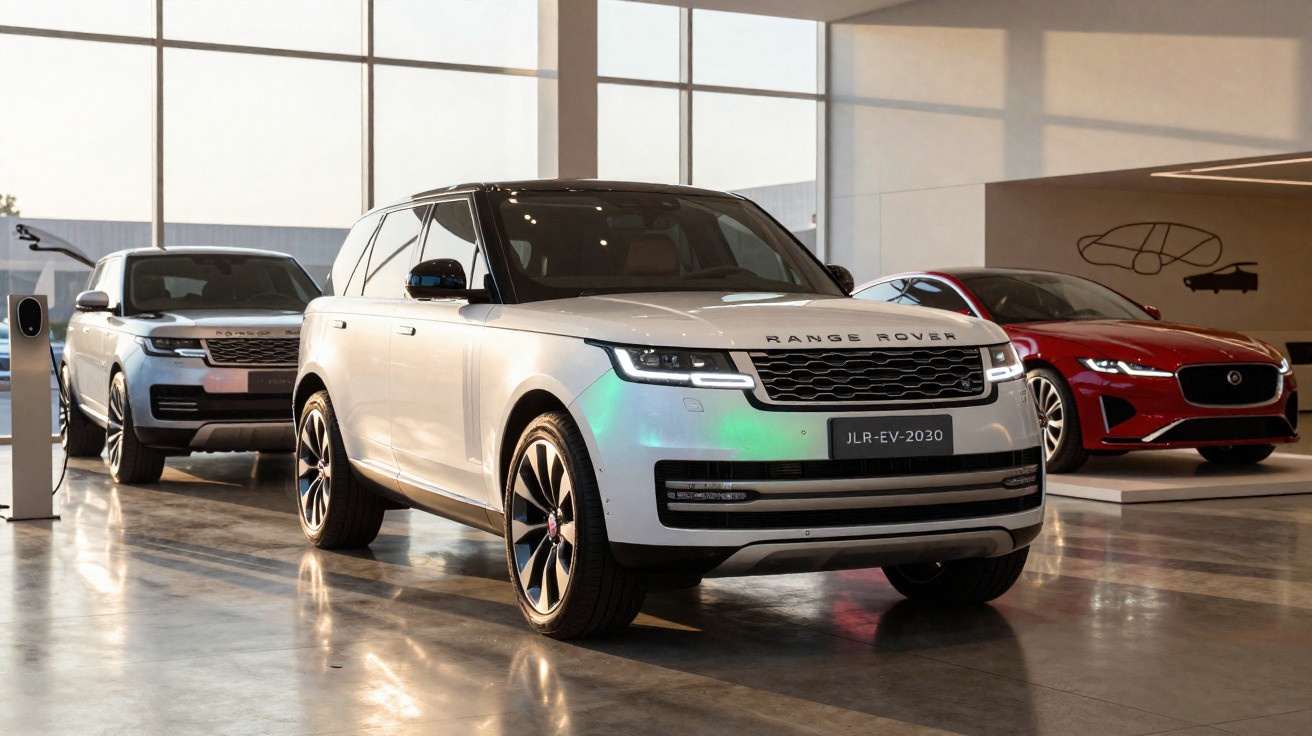 Mostruário com três carros da marca Jaguar Land Rover em ambiente interno iluminado por luz natural.
