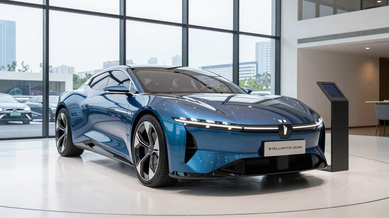 Carro esportivo elétrico azul exposto em showroom moderno com grandes janelas de vidro.