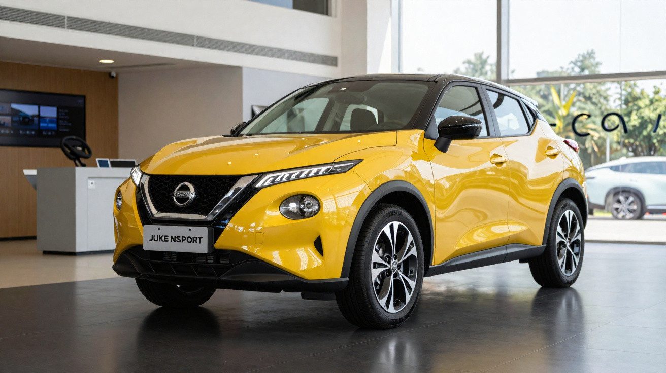 Carro Nissan Juke Nsport amarelo em exposição dentro de showroom moderno e iluminado.