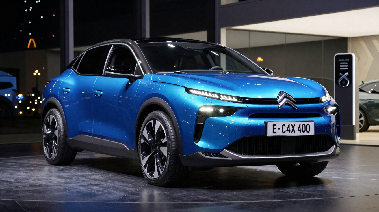 Carro elétrico azul Citroën E-C4X 400 exposto em ambiente interno com iluminação noturna.