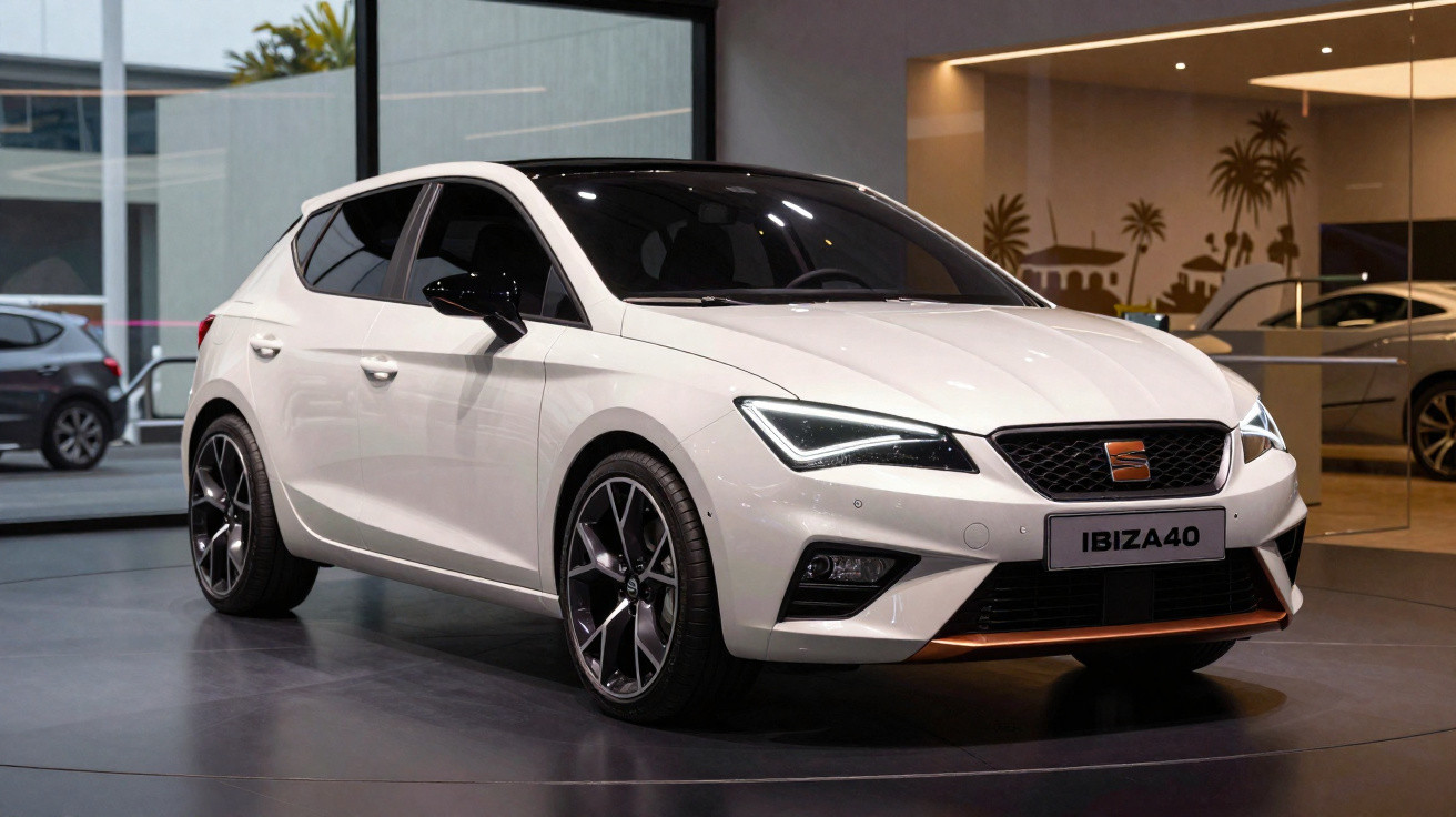 Carro branco SEAT Ibiza 2024 exposto em showroom moderno com iluminação ambiente.