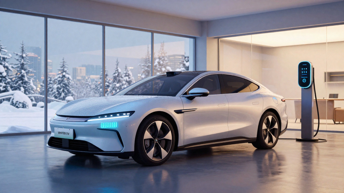 Carro elétrico branco estacionado em garagem moderna com estação de carregamento, neve e árvores ao fundo.