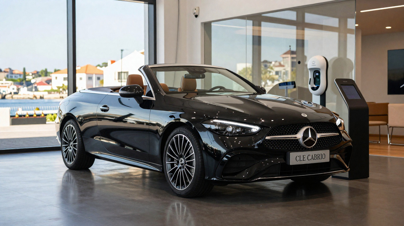 Carro conversível preto Mercedes-Benz CLE Cabrio exibido em showroom moderno com vidro e mobília clara.