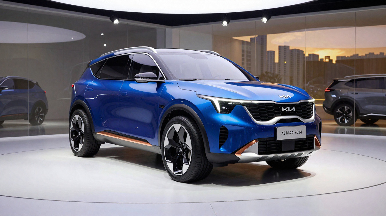 SUV azul da Kia modelo Astara 2024 exposto em showroom moderno com paredes de vidro.