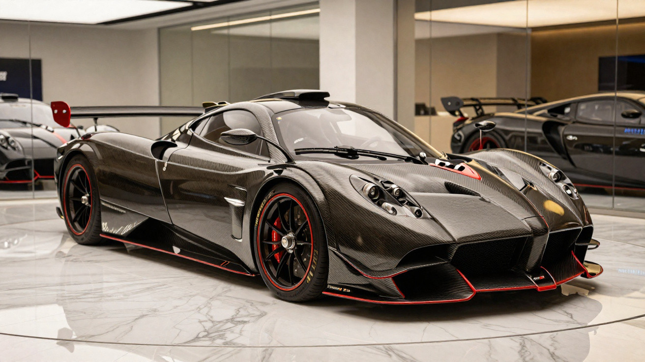 Carro esportivo preto de fibra de carbono com detalhes vermelhos em showroom com piso branco e paredes espelhadas.