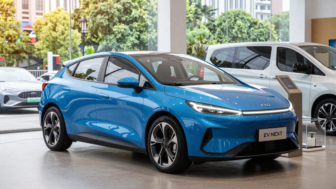 Carro elétrico azul modelo EV NEXT exibido em showroom moderno com janelas grandes.