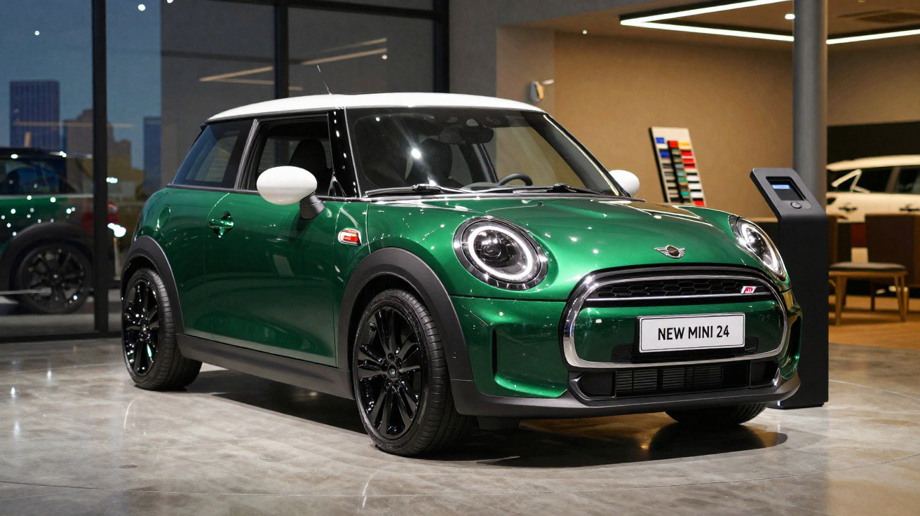 Carro Mini Cooper verde com teto branco exposto em showroom com piso de concreto polido.