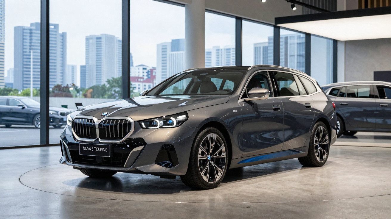 Carro BMW cinza estacionado em showroom moderno com janelas grandes e vista urbana ao fundo.