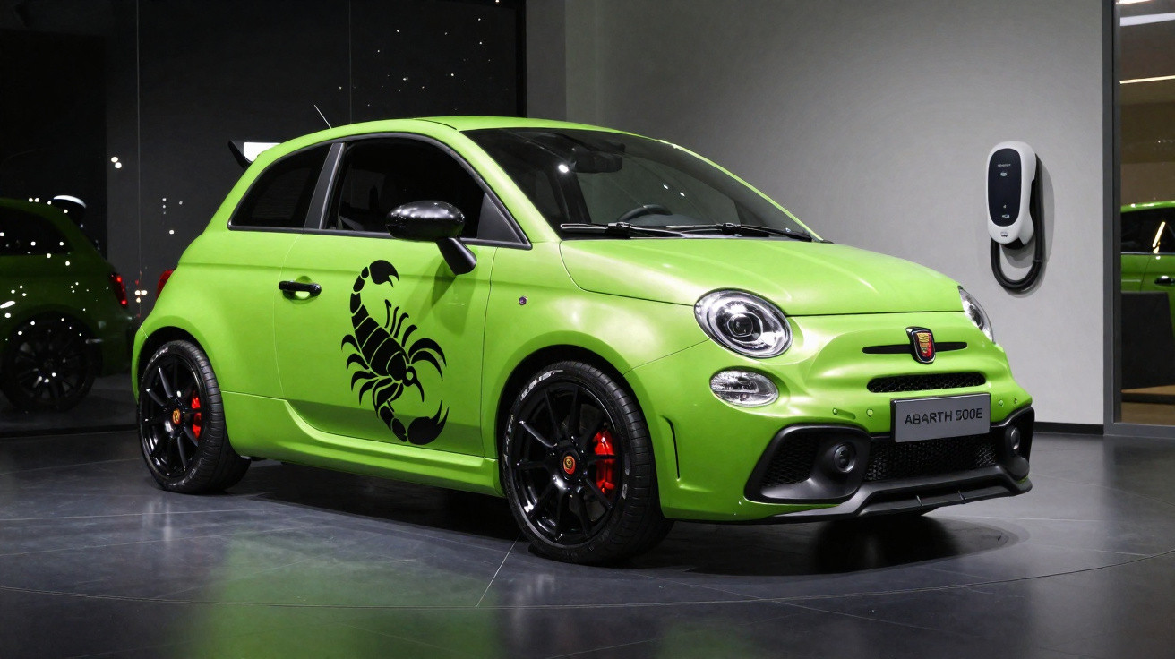 Carro elétrico Abarth 500E verde com adesivo de escorpião preto na porta em sala de exposição.