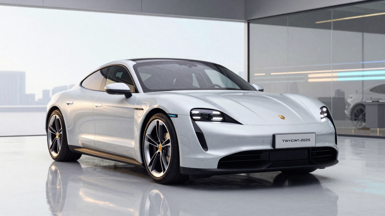 Carro elétrico esportivo Porsche Taycan 2025 branco em ambiente interno moderno e iluminado.