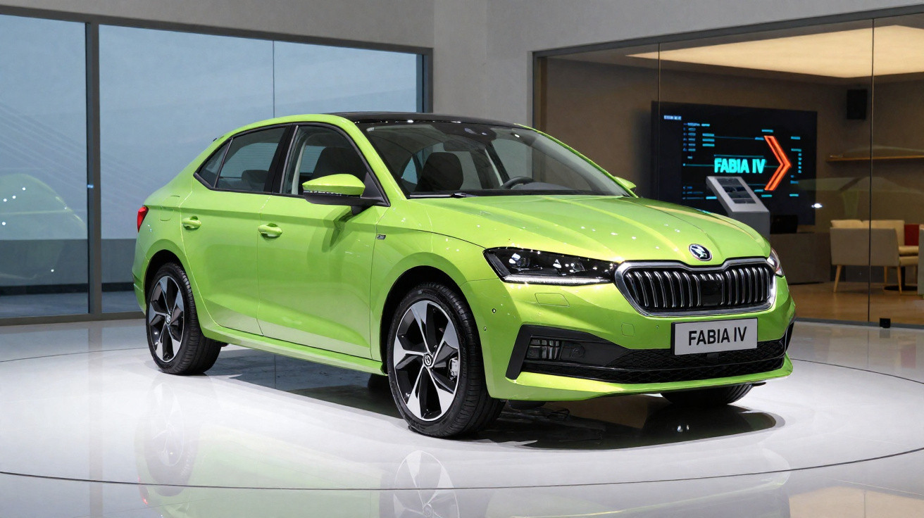Carro verde Skoda Fabia IV em exposição em ambiente interno com piso branco e paredes de vidro.