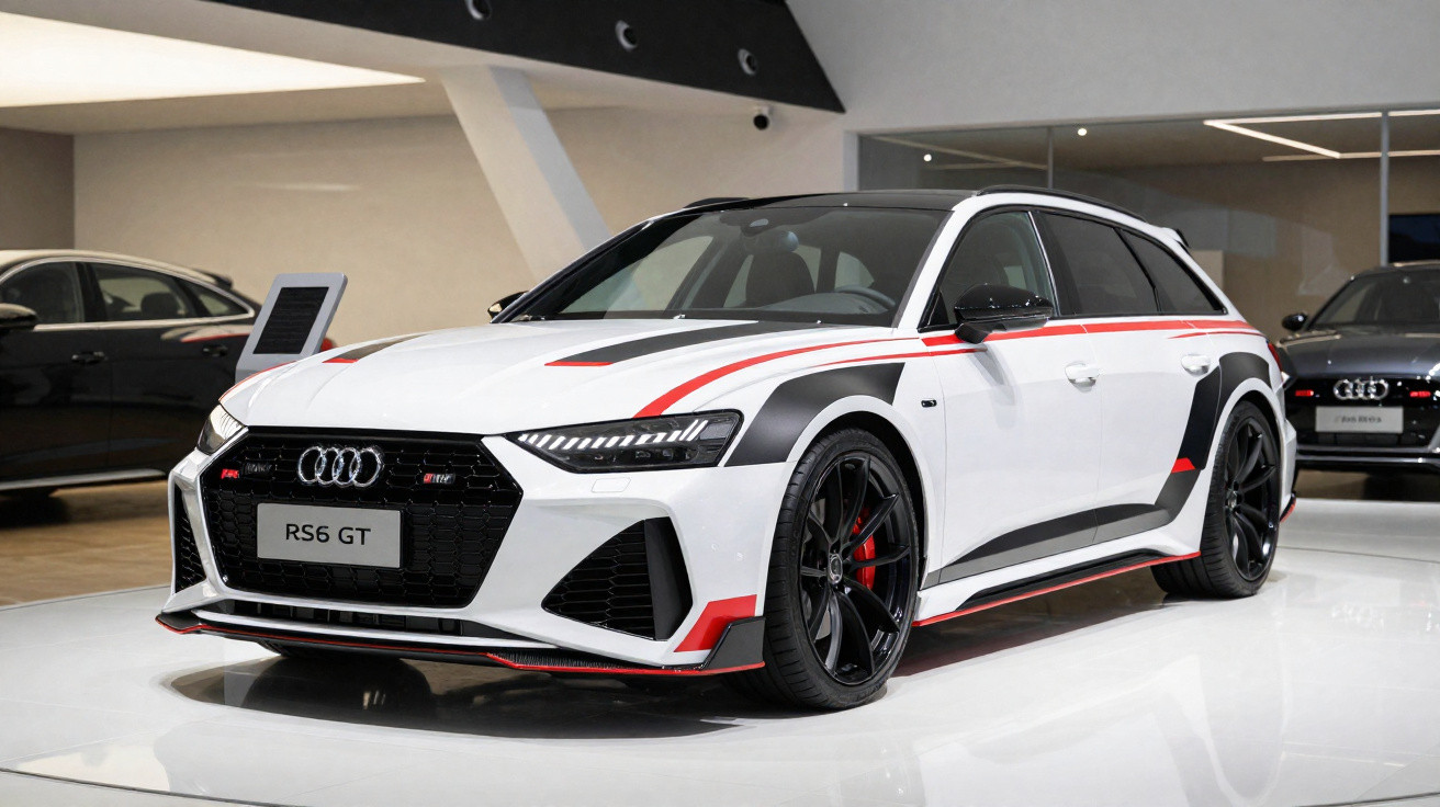 Carro esportivo Audi RS6 GT branco com detalhes em vermelho e preto em exposição interna.