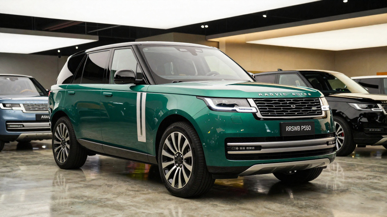 SUV verde metálico Range Rover P560 estacionado em showroom moderno com outros veículos ao fundo.