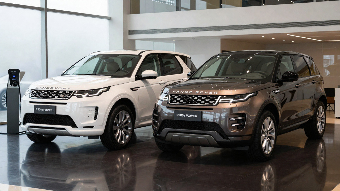 Dois SUVs Range Rover, um branco e um cinza, exibidos em showroom moderno com piso brilhante.