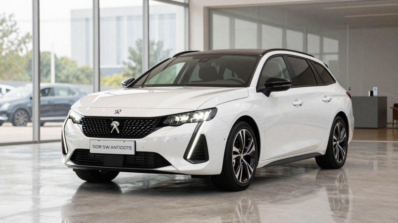 Carro Peugeot 508 SW Antidote branco estacionado em showroom com piso de concreto polido.