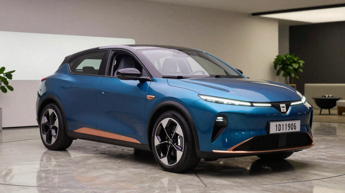 Carro elétrico azul exibido em ambiente interno moderno, com design futurista e linhas aerodinâmicas.