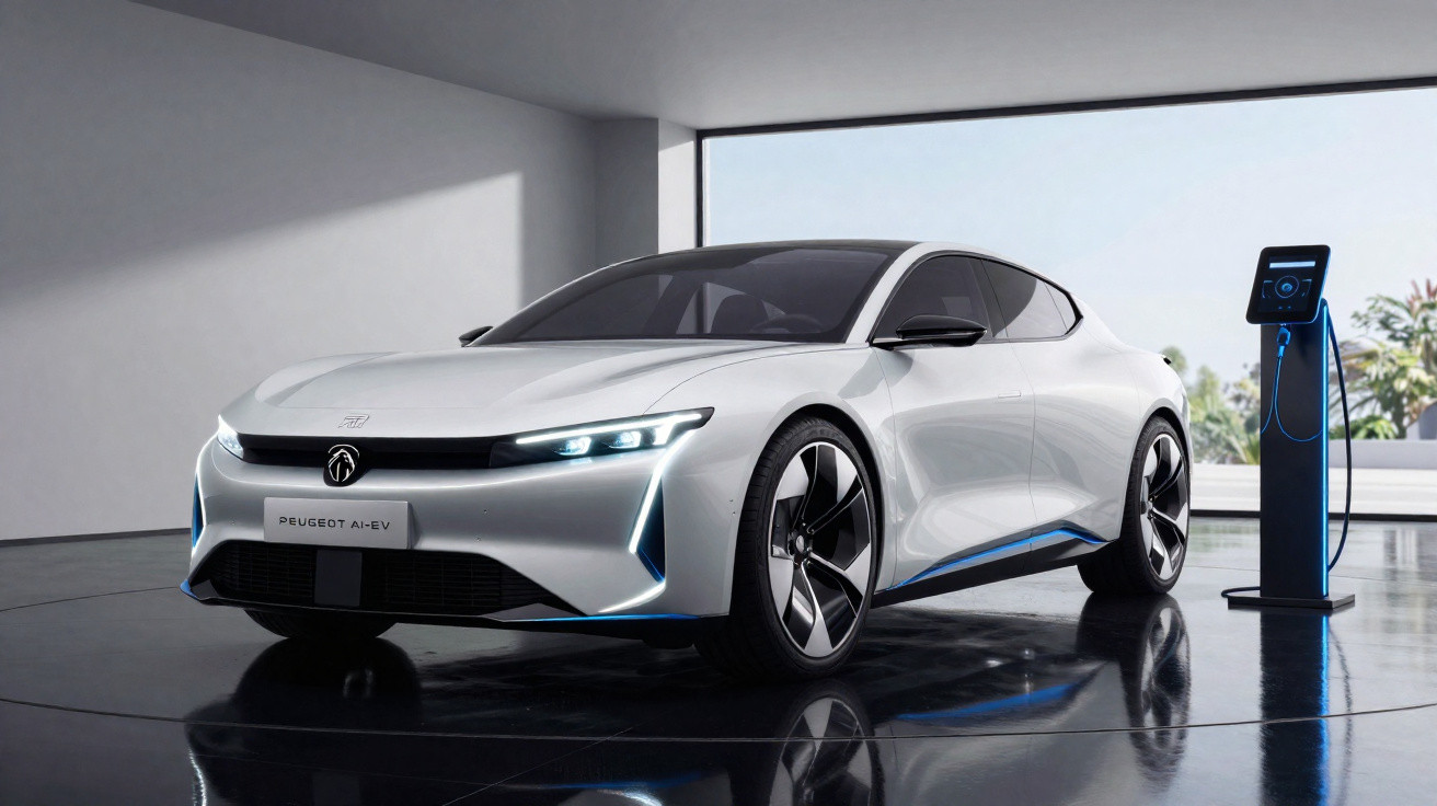 Carro elétrico esportivo prata em ambiente moderno, conectado a estação de recarga azul.