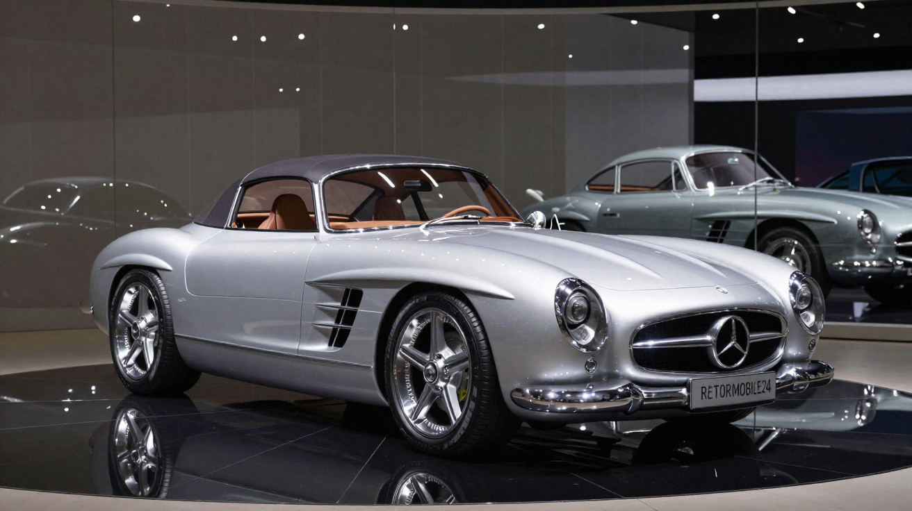 Carro esportivo clássico prata Mercedes-Benz exposto em ambiente com piso espelhado e parede de vidro.
