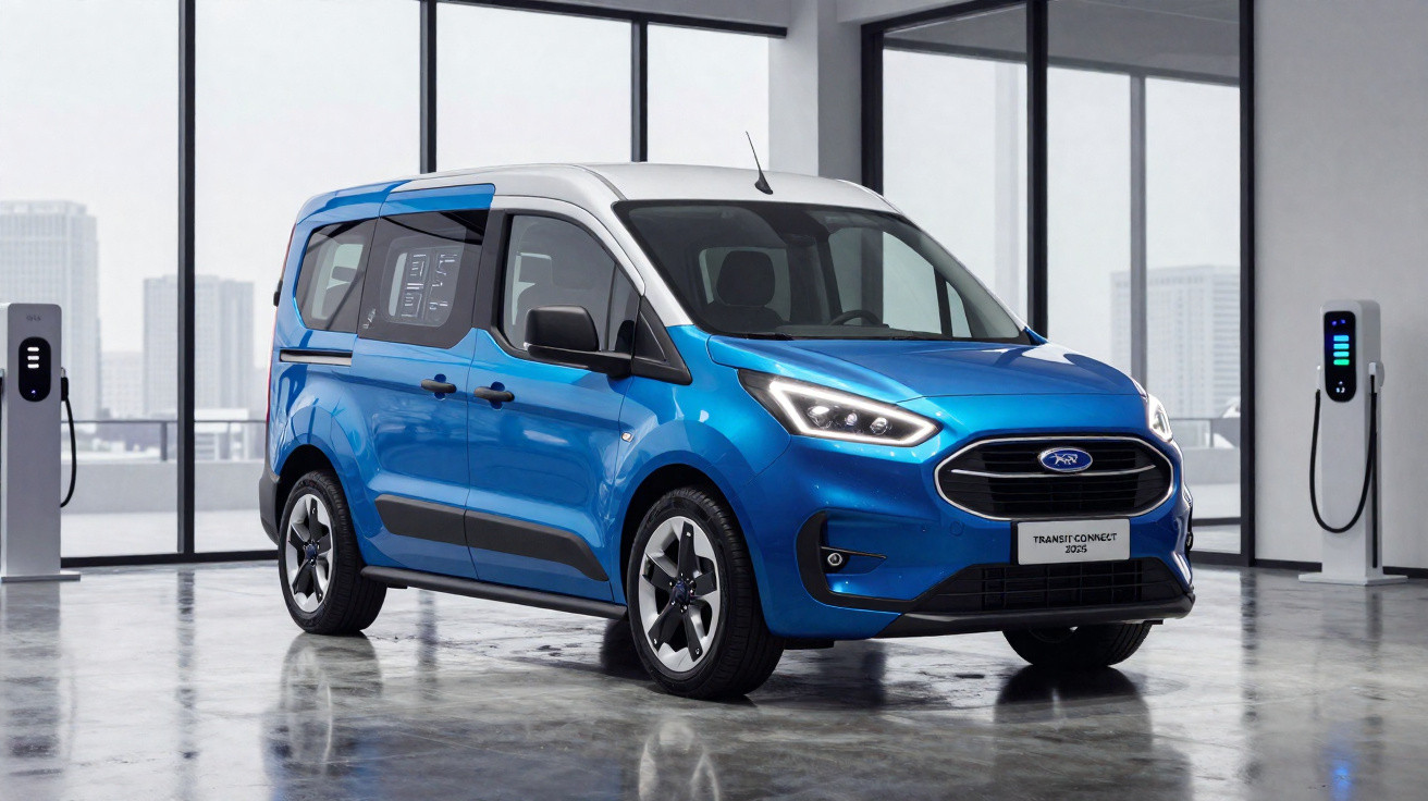 Van azul e cinza estacionada em ambiente moderno com carregadores elétricos nas paredes.