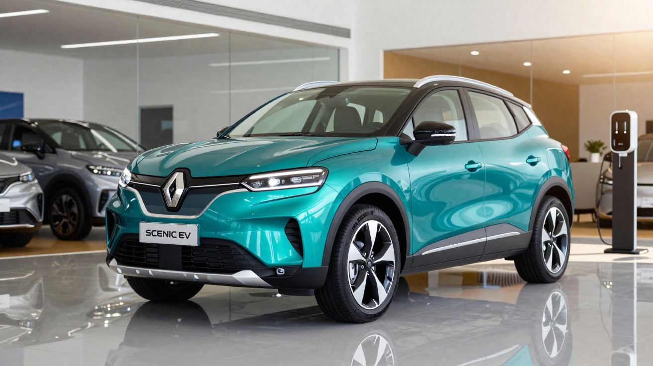 Carro elétrico Renault Scenic EV verde em showroom moderno com piso brilhante e outros veículos ao fundo.