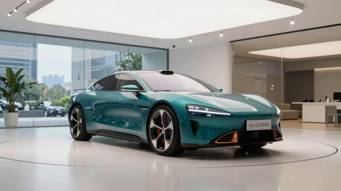 Carro esportivo elétrico verde exibido em showroom moderno com janelas amplas e iluminação suave.