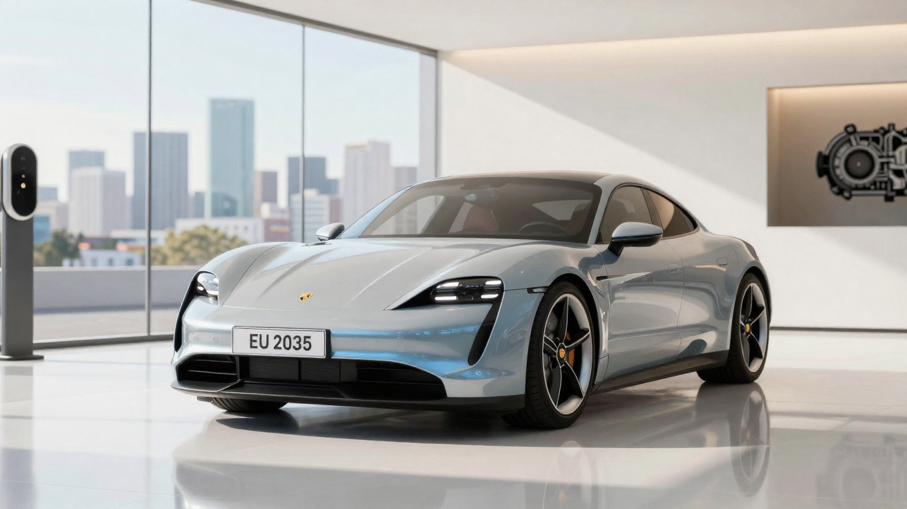 Carro esportivo elétrico prata Porsche Taycan em showroom moderno com cidade ao fundo.