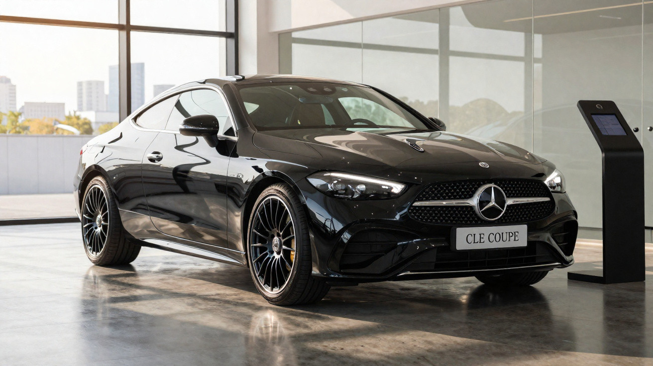 Carro preto Mercedes-Benz CLE Coupe exibido em showroom com piso de vidro e detalhes modernos.